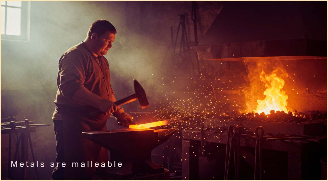 Image shows a blacksmith hammering and shaping a hot piece of metal.